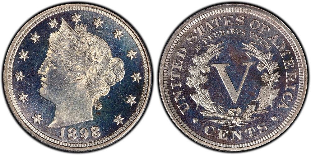 1899 Liberty nickel Proof Cameo showing frosted Liberty portrait against mirror fields