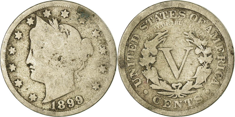 1899 Liberty nickel weak strike showing incomplete LIBERTY and flat eagle feathers
